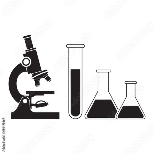 Science Lab Equipment Icons - Microscope, Test Tube, and Flasks