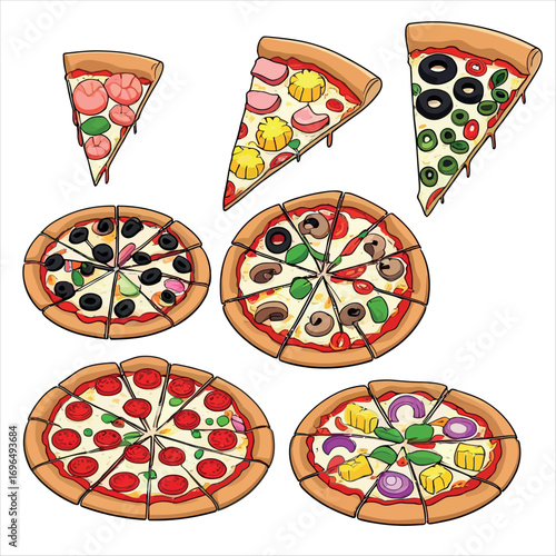Vector art of various pizza slices and whole pizzas food art