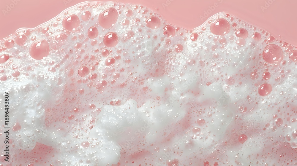 Fototapeta premium White soap foam bubbles and suds on pink background macro close up view, abstract texture pattern for cosmetic and skincare product photography.