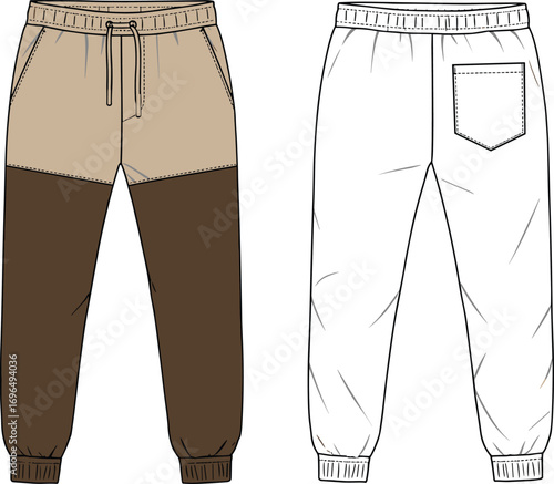 Color block jogger pants technical flat, front and back view, fashion cad sketch, casual streetwear trousers, flat vector illustration
