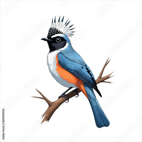 Vector art of cute blue bird, perched on a branch in nature