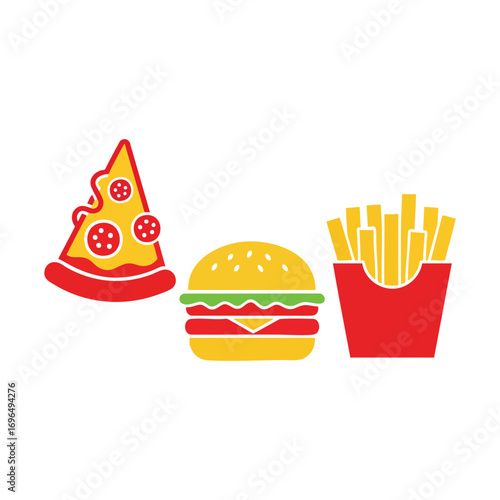 Classic Fast Food Icons - Pizza Slice, Hamburger, and French Fries