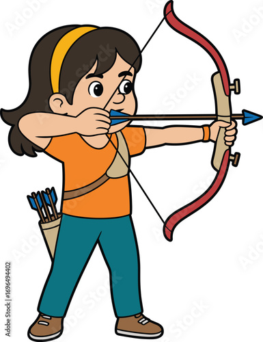 Cartoon girl practicing archery, young female archer with bow and arrow, kids sports, outdoor activity, target shooting, concentration, fun