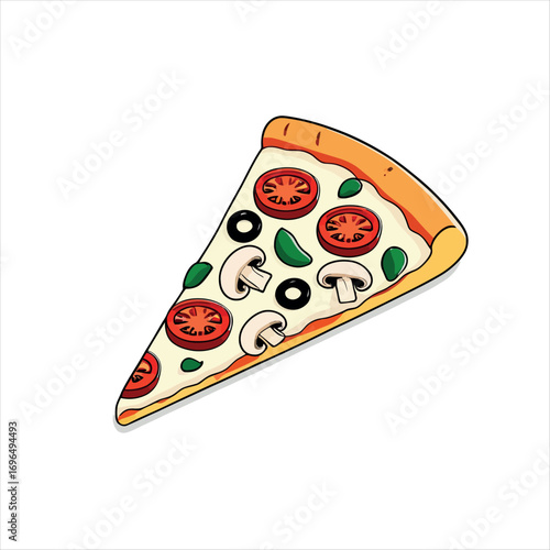 Vector art of a slice of pizza with tomatoes, mushrooms, olives, and basil