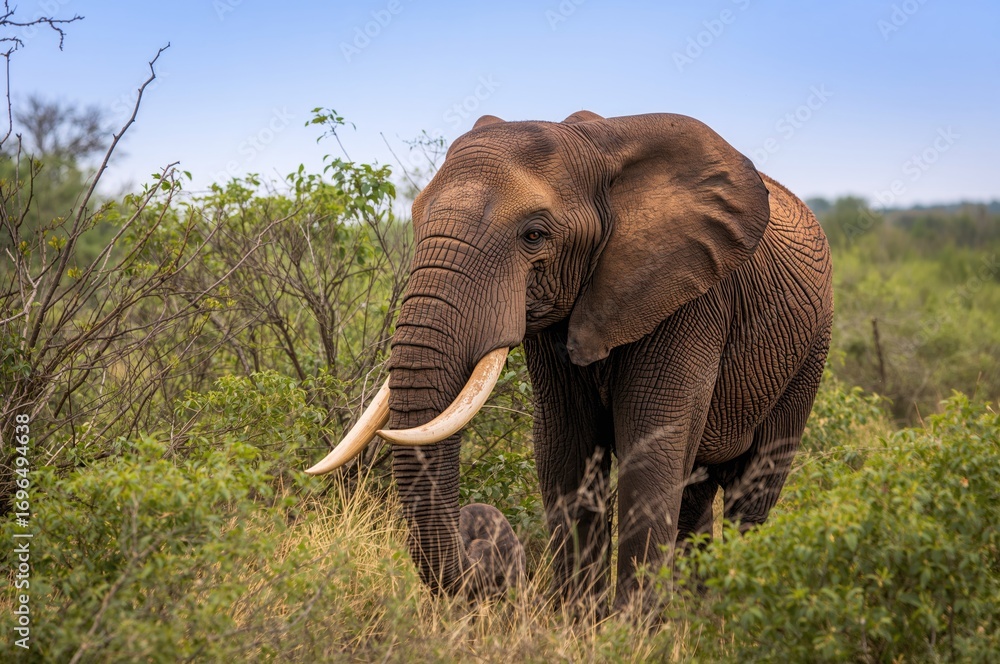 Fototapeta premium Majestic tusked elephant wandering through lush greenery in the wild