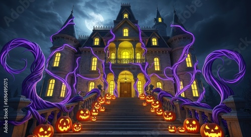 Spooky halloween mansion with pumpkins and purple vines under moonlight