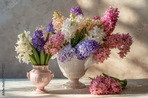 Vibrant arrangement of multicolored hyacinths in containers for spring