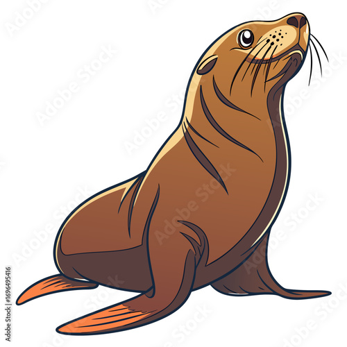 Cute cartoon sea lion sitting and looking up