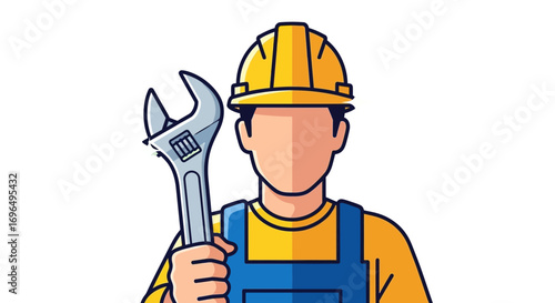 Illustration of a construction worker wearing a safety helmet holding a wrench on a dark background
