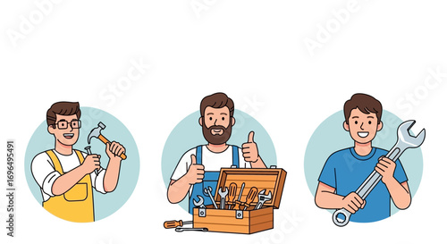 Illustration of diverse tradespeople showcasing different skills using tools and equipment in a