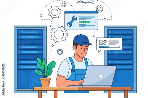 IT technician working on laptop in a server room with technical icons and equipment