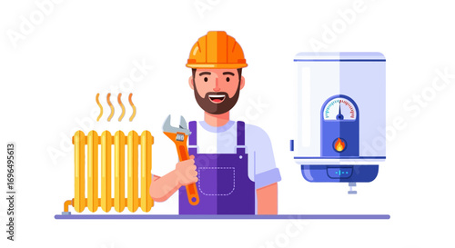 Mechanical Engineer Standing Near Radiator and Water Heater Demonstrating Heating System Components
