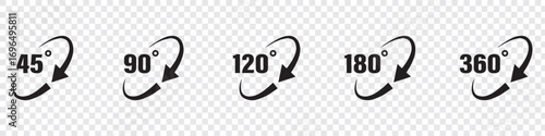 45 90 120 180 360 degree icon set in flat style. Different degree view rotation set. 360 degree view. Minimal interface icon, symbol. Different degrees icon set. 45-360 degrees. EPS 10