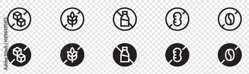 Set allergen free icons. Allergen free labet products. Free lactose, gluten, sugar, soy, nuts, caffeine, symbol, logo, badge, black, vector, isolated on transparent background. Vector Illustration.