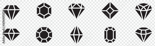 Diamond icon set. Different shapes of diamond cuts. Dimond icon set in flat style. Abstract black diamond collection icons. Gemstone icon set. Diamonds logo design. Vector illustration. EPS 10