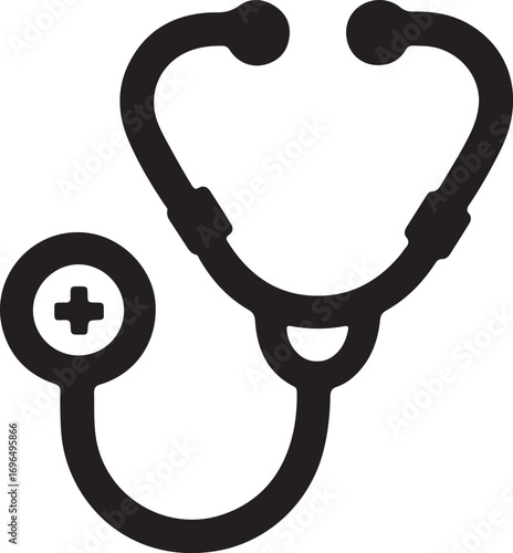Black and white stethoscope icon design for healthcare and medical professions with plus symbol for doctor services and diagnosis solutions