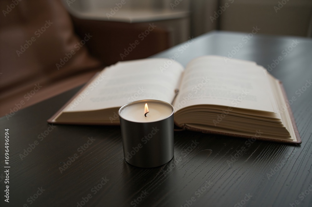 Fototapeta premium A lit candle resting in a holder next to an open book on a surface, photographed with selective focus.