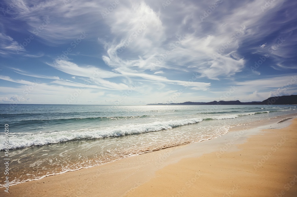 Fototapeta premium Stunning coastal scenery with ocean, sky, and sandy shore in a vintage style