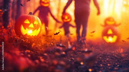 Joyful children walking in a pumpkin patch on a Halloween evening