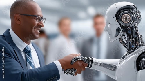 Embracing Automation: A human executive and a sleek robotic counterpart engage in a handshake, signifying the future of technological collaboration.