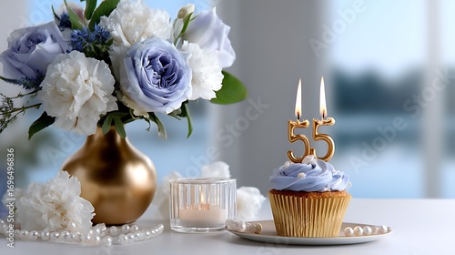 Elegant Birthday Celebration with Blue Flowers and Cupcake Decorated for 55 Years