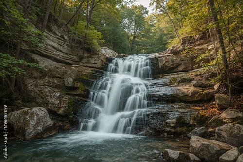 Scenic waterfall cascading through lush forest landscape