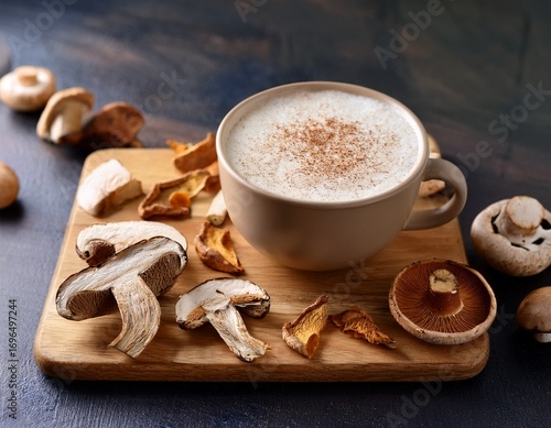 mushroom latte with frothy milk in ceramic cup wooden board serving with mushroom powder and dried slices cozy health drink concept functional mushroom beverage trend adaptogenic superfood coffee