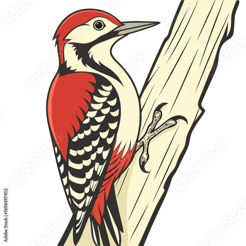 Redheaded woodpecker perched on a tree trunk