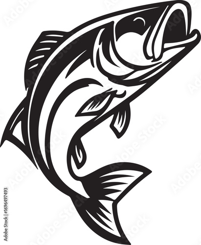 Dynamic Black and White Fish Illustration Leaping Upward Vector Graphic Design Element Isolated on White Background
