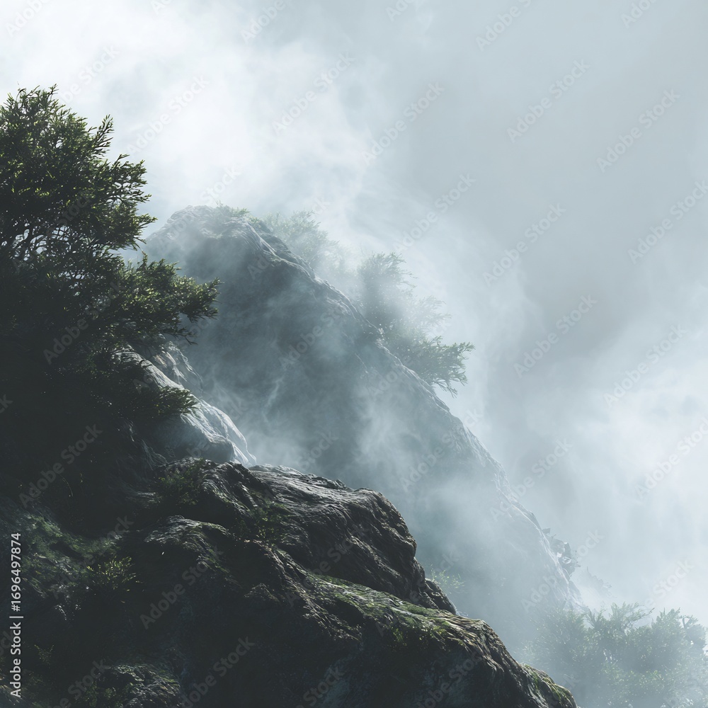 Obraz premium Dramatic misty mountain vista featuring rocky peaks and atmospheric cloud cover creating an