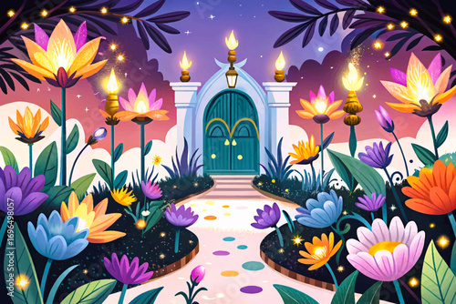 Fantasy enchanted garden with glowing magical flowers, mystical surreal wonder, dreamlike atmosphere