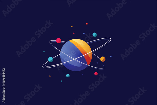 Abstract science concept illustration representing atomic structure and particles in a clean digital design style