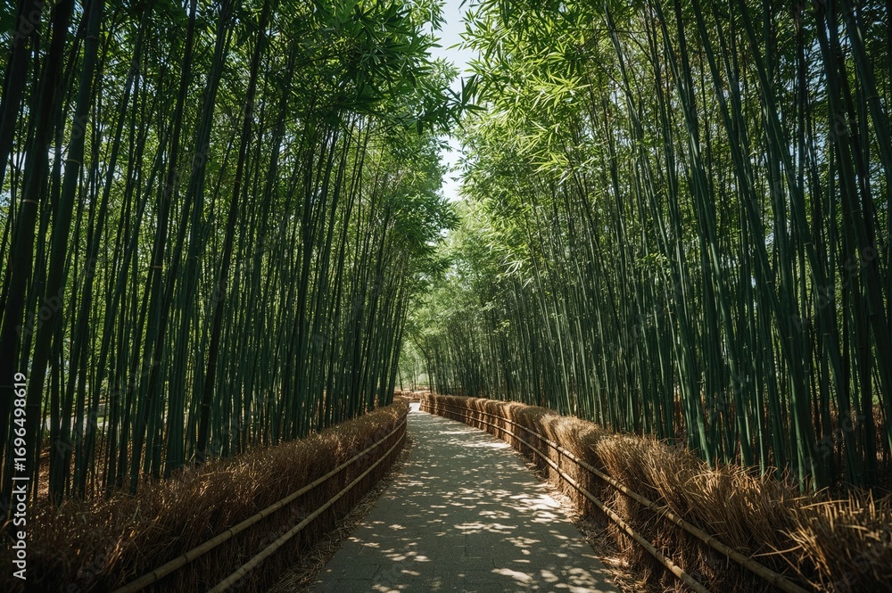 Fototapeta premium Bamboo pathway leading to a summer garden retreat in a lush green park