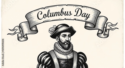 Historic Illustration of Columbus Day Celebration with Vintage Artistic Portrait