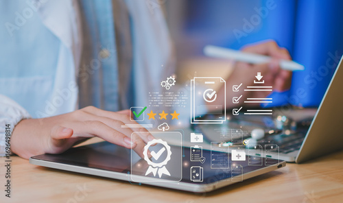 Photos Concept healthcare compliance certification AI-powered checklist medical professional use tablet and stylus, showing stethoscope, approval icon, document, symbolizing quality assurance patient safety