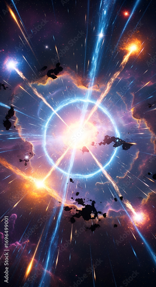 Obraz premium Dramatic cosmic event with energy beams and celestial objects in a vibrant nebula