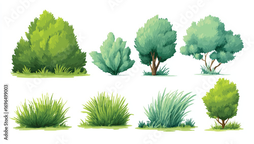 Assorted Watercolor Bushes and Grass Tufts for Landscaping and Garden Design Elements