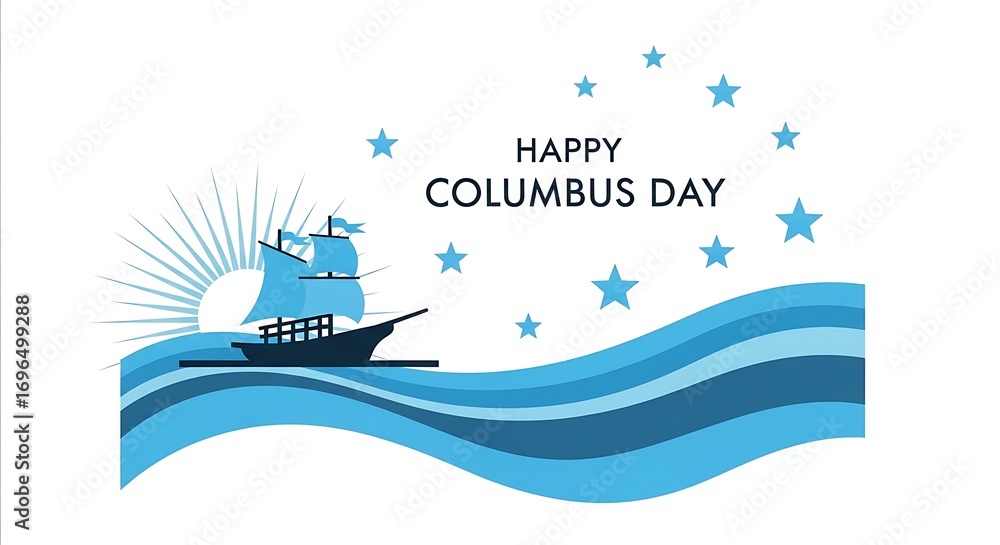 Naklejka premium Celebratory Columbus Day Card with Sailing Ship and Blue Waves in Modern Style