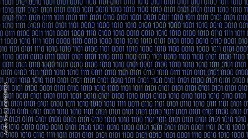 Scrolling binary code on a dark screen. Black background, screen with rapidly moving ones and zeros symbolizing binary code, concept of technology, programming and cyberspace