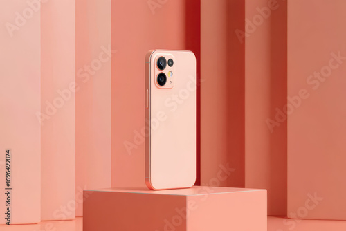 A peach colored phone stands on a peach colored cube against a peach colored wall backdrop