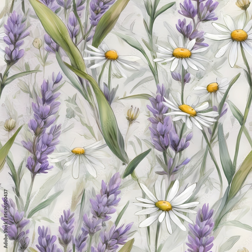 Obraz premium Soft seamless watercolor pattern with lavender, chamomile, and sage in calming pastel tones of purple, white, and dusty green. Perfect for home decor, spa packaging, stationery, and notebooks.
