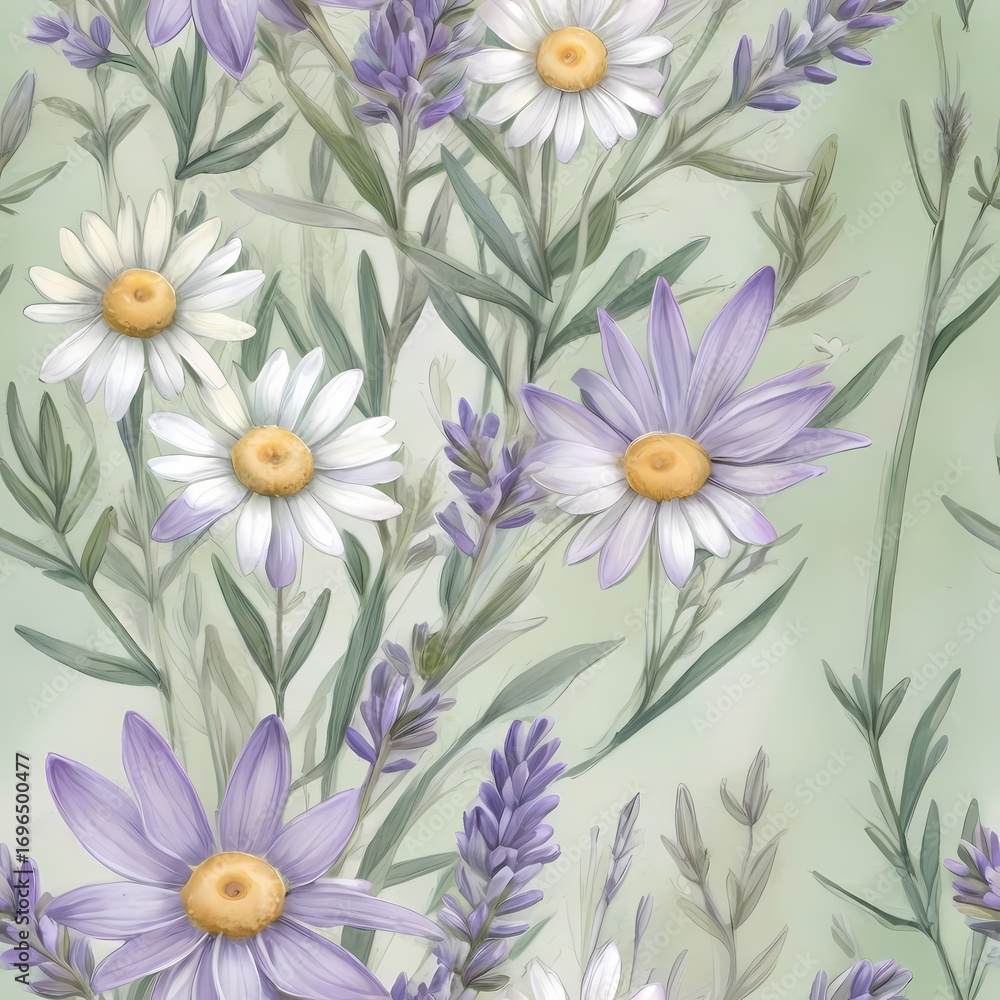 Obraz premium Soft seamless watercolor pattern with lavender, chamomile, and sage in calming pastel tones of purple, white, and dusty green. Perfect for home decor, spa packaging, stationery, and notebooks.