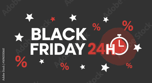 Black Friday 24 Hour Sale Announcement with Discount Percentages and Timer Illustration