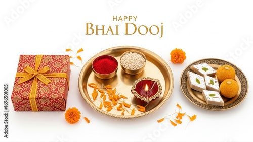 Bhai Dooj Puja Thali Flatlay. White E-commerce Banner. Product Mockup.