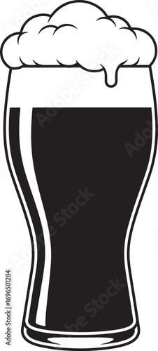 A tall glass of dark beer with frothy head in black and white illustration