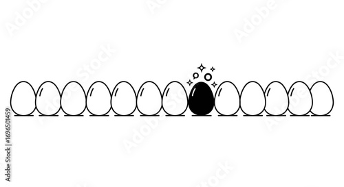 A unique black egg stands out in a row of identical white eggs on a white background