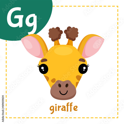Cartoon English alphabet for children with cute animals. Letter G with giraffe.