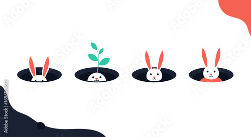 Cute bunny rabbits emerge from underground burrows symbolizing growth new beginnings and spring season