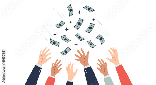 Multiple hands reaching upwards towards falling banknotes in a concept of wealth and opportunity