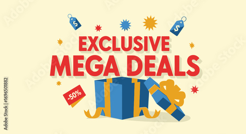 Vibrant celebration of exclusive mega deals and discounts with colorful graphics and festive